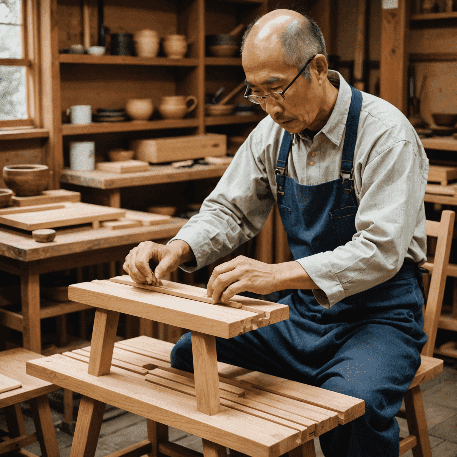 日本の職人が木製の椅子を制作している様子。伝統的な技術と現代的なデザインの融合を示す。